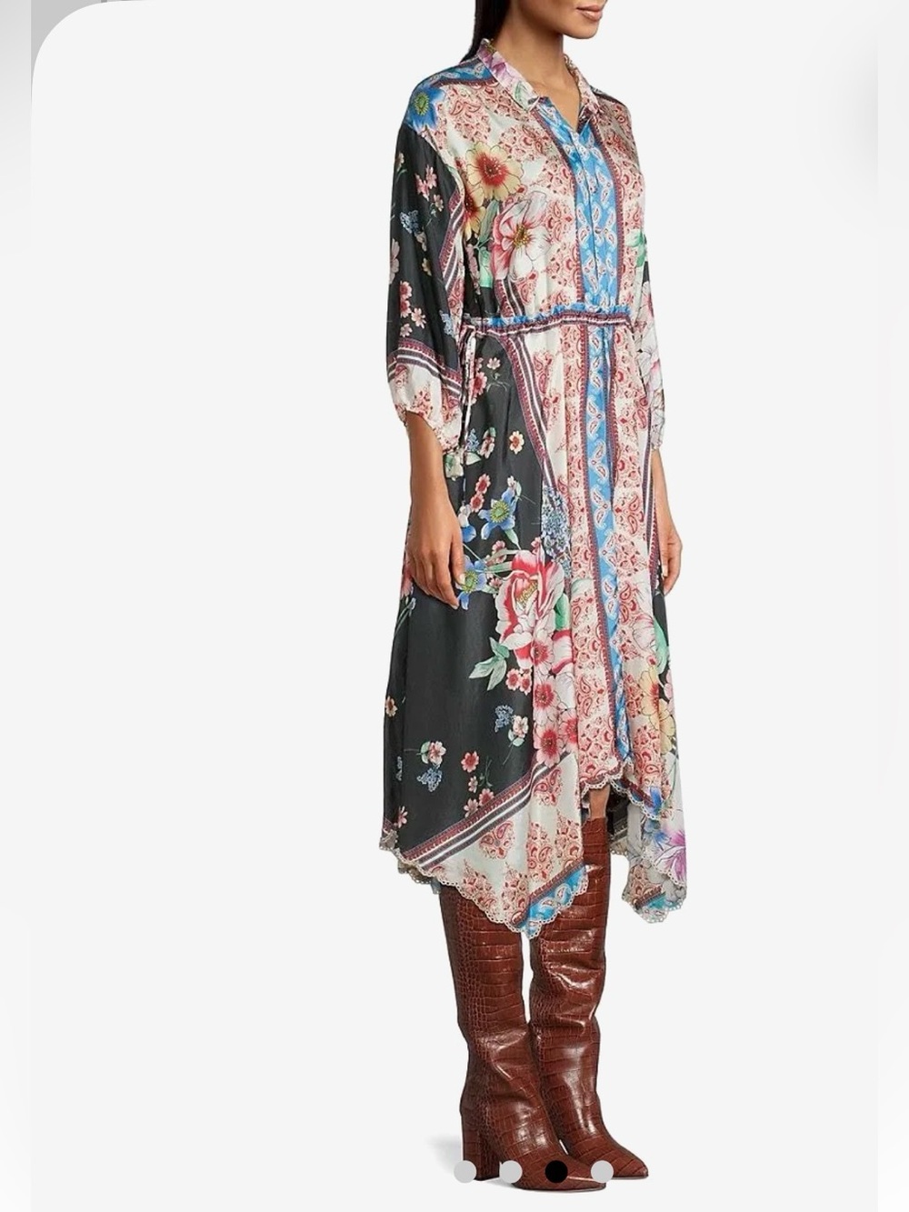 Johnny Was Multicolor Floral Patchwork Silk Handkerchief-Hem Dress - Picture 3 of 9